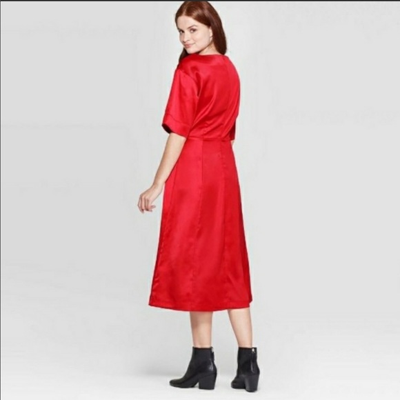 NWT PROLOGUE Satin Elbow Length Sleeve Boat Neck A-Line Midi Dress - Red S - Picture 4 of 7